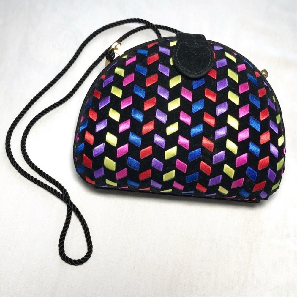 Multicolor ribbon and velvet convertible crossbody/clutch